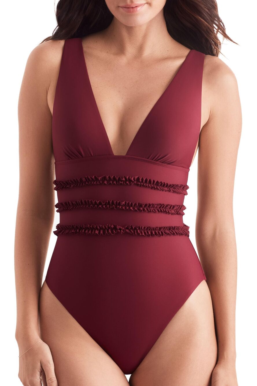 Mimi Flamingo Women's Henna Ruffled One-Piece Swimsuit 10 NWT